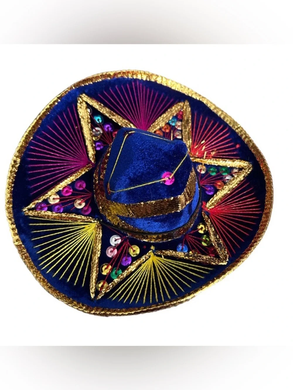 🌺High Quality Blue Velvet Mini Pet Sombrero w/Gold & Multicolor Embellishments